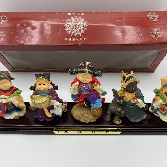 Five Prosperity God Miniture Figurines With Wooden Stand, Vintage, Handpainted - Picture 11 of 11